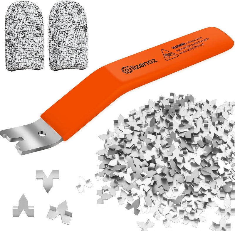 lizenoz Orange color Glazier Point Driver Tool with 200 Glazing Points & 2 Finger Cots - for Framing Glass, Pictures, Cross Stitch - Rust-Resistant Iron/Zinc Push Points, Easy-Grip Handle - Image 1
